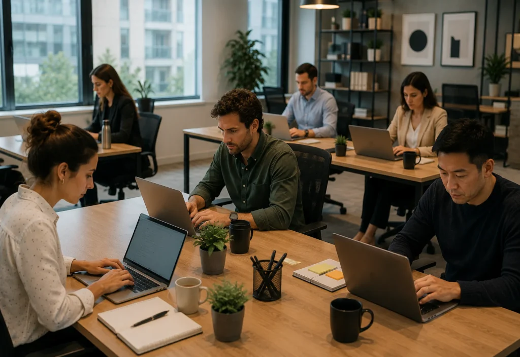 Open plan office with several people working on laptops at shared wooden desks plants on the tables and large windows in the background