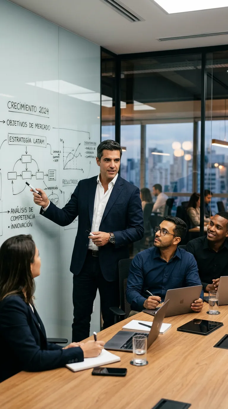 Businessman in a navy blazer presents at a glass whiteboard to a seated team in a modern office setting